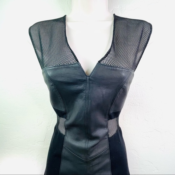 VEDA Tailored Sheath Dress Black Leather Stretch V Neck W/ Sheer Mesh S New - Picture 4 of 10